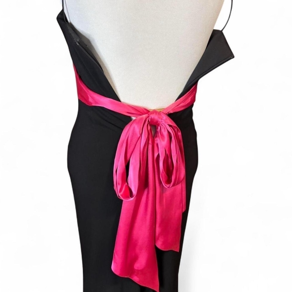 Y2K Dave & Johnny Prom Dress Sz 7/8 Black Pink Floral Embroidered Gown Bow - Picture 5 of 7